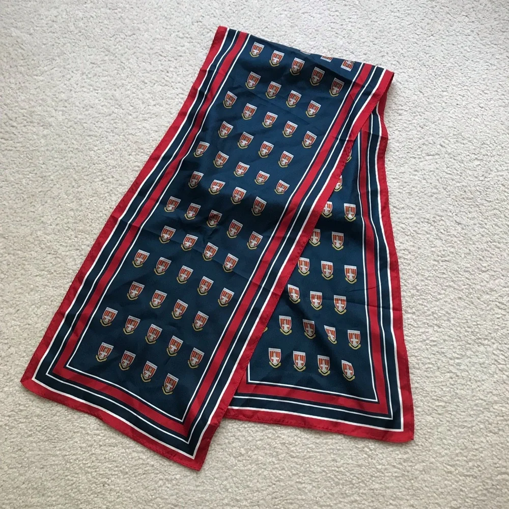 NWOT 100% Silk Navy Crest Print Rectangular Scarf with Red Border